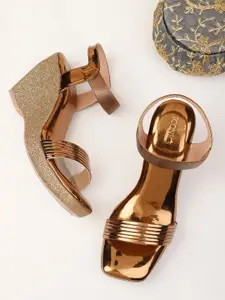 ICONICS Gold-Toned Striped Sandals with Wedge Heels & Buckles