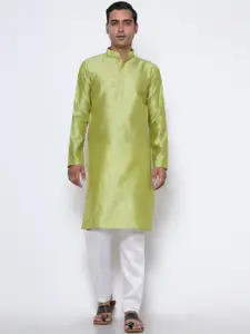 Phenav Men Lime Green Paisley Jacquard Pure Silk Kurta with Pyjama