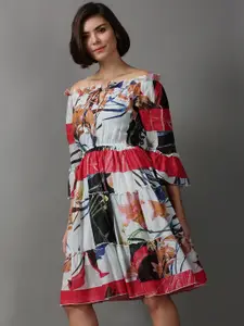 SHOWOFF Women Floral Printed Off- Shoulder Cotton Tiered Dress
