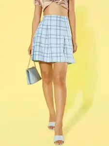 People Blue Checked Mini Flared Skirt