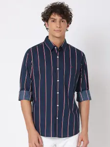 Mufti Men Navy Blue Classic Slim Fit Striped Casual Shirt