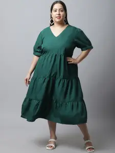 Flambeur Solid Empire Tiered Midi Plus Size Dress
