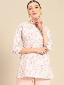 Sangria White & Pink Floral Printed Short Kurti