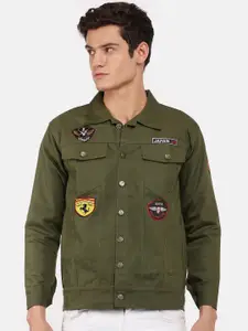 VOXATI Men Olive Green Crop Bomber with Patchwork Jacket