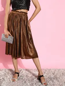 Moda Rapido Glitter Gold Party Lity Gathered Metallic Sheen A-Line Midi Skirt