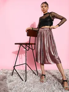 Moda Rapido Flashy Rose Gold Party Lity Gathered Metallic Sheen A-Line Midi Skirt