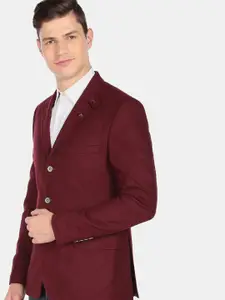 AD By Arvind Men Maroon Solid Twill Weave Convertible Collar Blazer