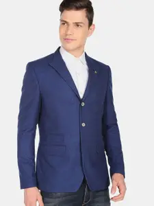 AD By Arvind Men Blue Solid Twill Weave Tailored Fit Blazer