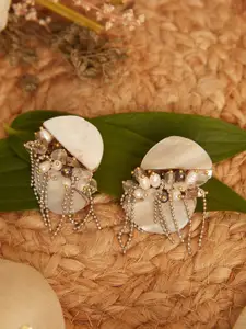 D'oro Pearls & Shell Studded Contemporary Drop Earrings