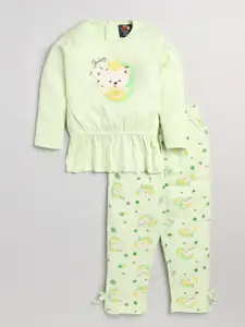 AMUL Kandyfloss Girls Green & White Printed Top with Pyjamas