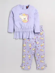 AMUL Kandyfloss Girls Lavender & Yellow Printed Pure Cotton Top with Pyjamas