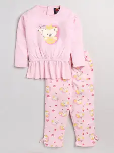 AMUL Kandyfloss Girls Pink & Yellow Printed Pure Cotton Top with Pyjamas