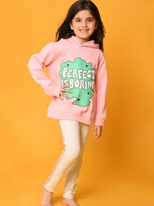 Anthrilo Girls Pink & Green Printed Pure Cotton Hooded Sweatshirt & Leggings