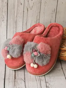 Brauch Women Pink & Grey Self Designed Winter Room Slippers
