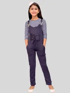 Elendra jeans Girls Blue & White Solid Slim Fit Dungaree With Striped T-Shirt