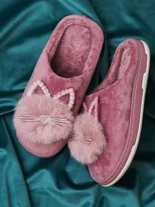 Brauch Women Purple Heart Glitter Kitty Winter Room Slippers