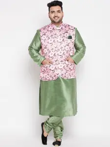 VASTRAMAY PLUS Men Plus Size Kurta with Churidar & Floral Nehru Jacket