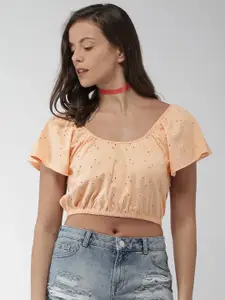Aeropostale Women Orange Self Design Crop Pure Cotton Top
