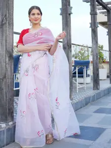 HOUSE OF JAMOTI White & Red Floral Organza Saree