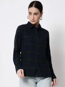 CHARMGAL Women Navy Blue & Green Regular Fit Tartan Checked Pure Cotton Casual Shirt