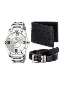 MARKQUES Men Silver & Black Analogue Watch Wallet & Belt Accessory Gift Set