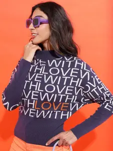Tokyo Talkies Women Purple And White Typography Printed High Neck Acrylic Pullover Sweater