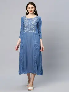FASHOR Blue Floral Printed A-Line Midi Dress