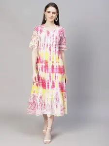 FASHOR Pink & Yellow Tie and Dye A-Line Midi Dress