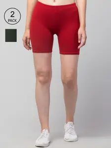 Apraa & Parma Women Maroon & Olive Green Pack Of 2 Skinny Fit Cycling Pure Cotton Shorts