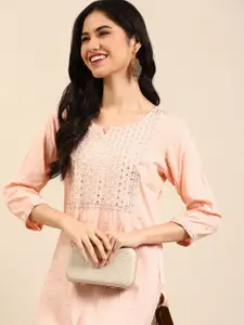 SHOWOFF Women Peach-Coloured Mirror Work Pastels Kurta