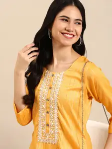 SHOWOFF Women Yellow Striped Thread Work Kurta