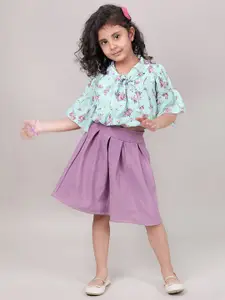 MYY Girls Purple & Sea Green Floral Printed Top with Skirt