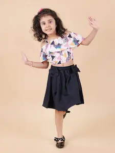MYY Girls Navy Blue & Off White Printed Top with Skirt