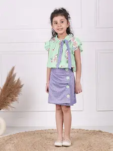 MYY Girls Green & Blue Printed Top with Skirt