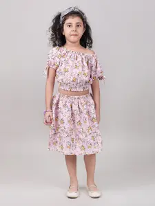 MYY Girls Pink & Yellow Printed Top with Skirt