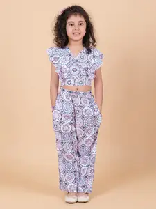 MYY Girls Off White & Pink Printed Top with Trouser