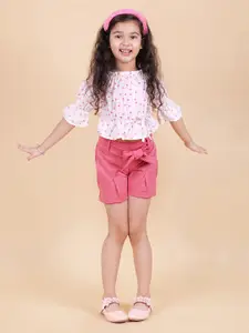 MYY Girls Pink & White Printed Top with Shorts