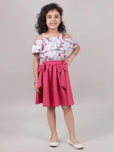MYY Girls Pink & Blue Printed Top with Skirt