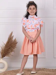 MYY Girls Peach-Coloured & Off White Printed Top with Skirt