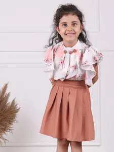 MYY Girls Peach-Coloured & White Printed Top with Skirt