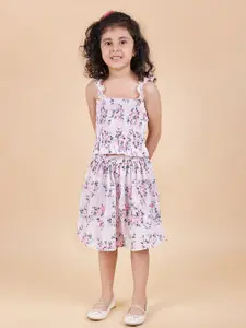 MYY Girls White & Pink Printed Top with Skirt