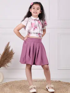 MYY Girls Pink & Off White Printed Top with Skirt