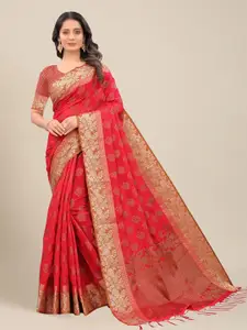 MS RETAIL Pink & Brown Woven Design Zari Pure Cotton Chanderi Saree