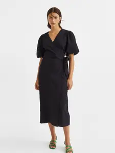 H&M Black Solid Puff-Sleeved Wrap Dress