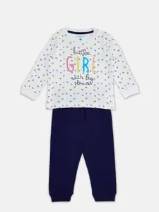 Pantaloons Baby Girls White & Navy Blue Printed Top with Pyjamas