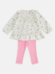 Pantaloons Baby Girls White & Pink Printed Top with Pyjamas