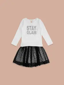 Pantaloons Junior Girls White & Black Printed Top with Skirt