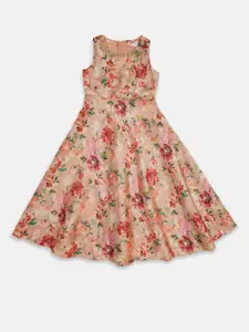 AKKRITI BY PANTALOONS Girls Coral & Red Floral Printed Maxi Dress