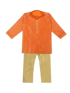 Superminis Boys Orange Pure Cotton Zari Work Kurta With Pyjamas
