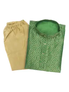 Superminis Boys Green & Beige  Zari Work Pure Cotton Kurta with Pyjamas